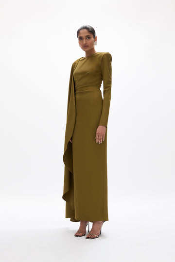 green long sleeve silk dress Green Pleated Satin Long Sleeve Dress