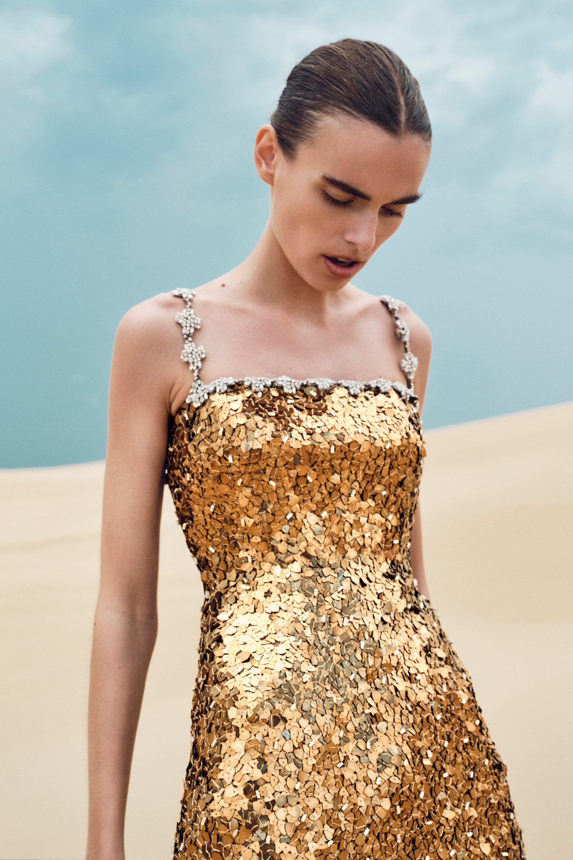 bari jay gold sequin dress Long Champagne Gown Party Goddess Size 6/8 Rose/Gold main image 0