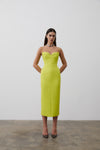 Front on image of model wearing Bodie Dress in Neon featuring sweetheart neckline and thin straps, falling to a mid-length silhouette.